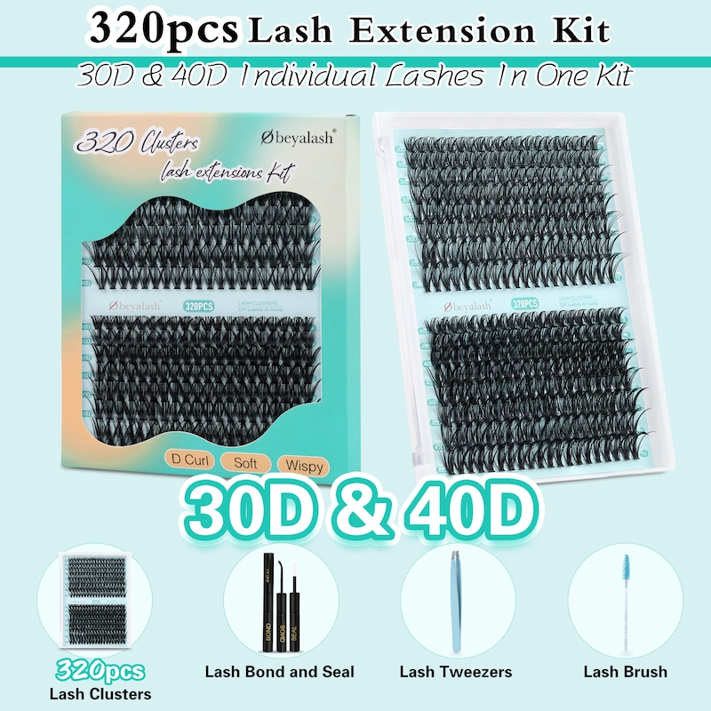 320pcs Eyelash Extension Kit Eye Lash Extension Lash Kit Lash Clusters Kit DIY Individual Lashes Cluster D Curl False Lashes with Lash Bond and Seal, Lash Tweezers for Beginner 9-16mm Mixed 30D 40D